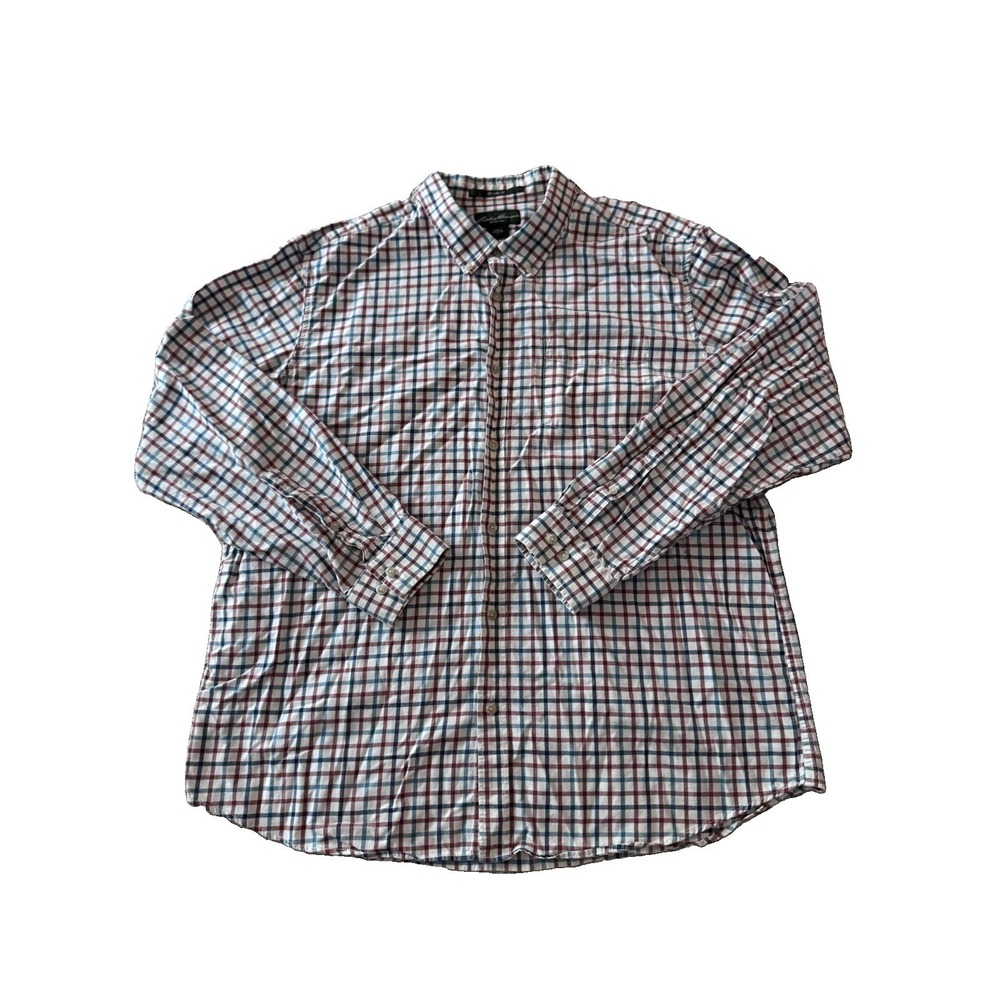 Eddie Bauer Plaid Button Down Wrinkle Free Relaxed Fit Shirt XL Red And Blue